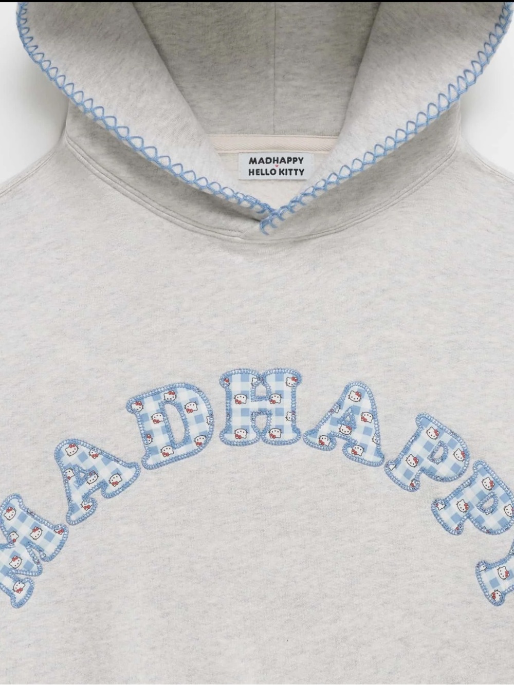 NWT Madhappy x Hello Kitty XL Gingham Cooper Midweight Fleece Hoodie Grey Blue